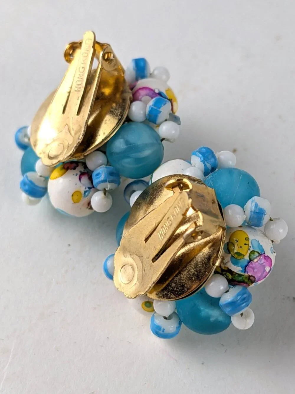 Vintage Blue/White Speckled Beaded Clip-On Earrings